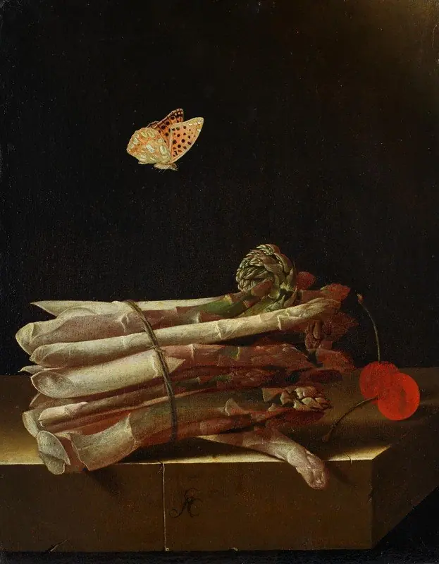 Still life with asparagus, cherries and a butterfly