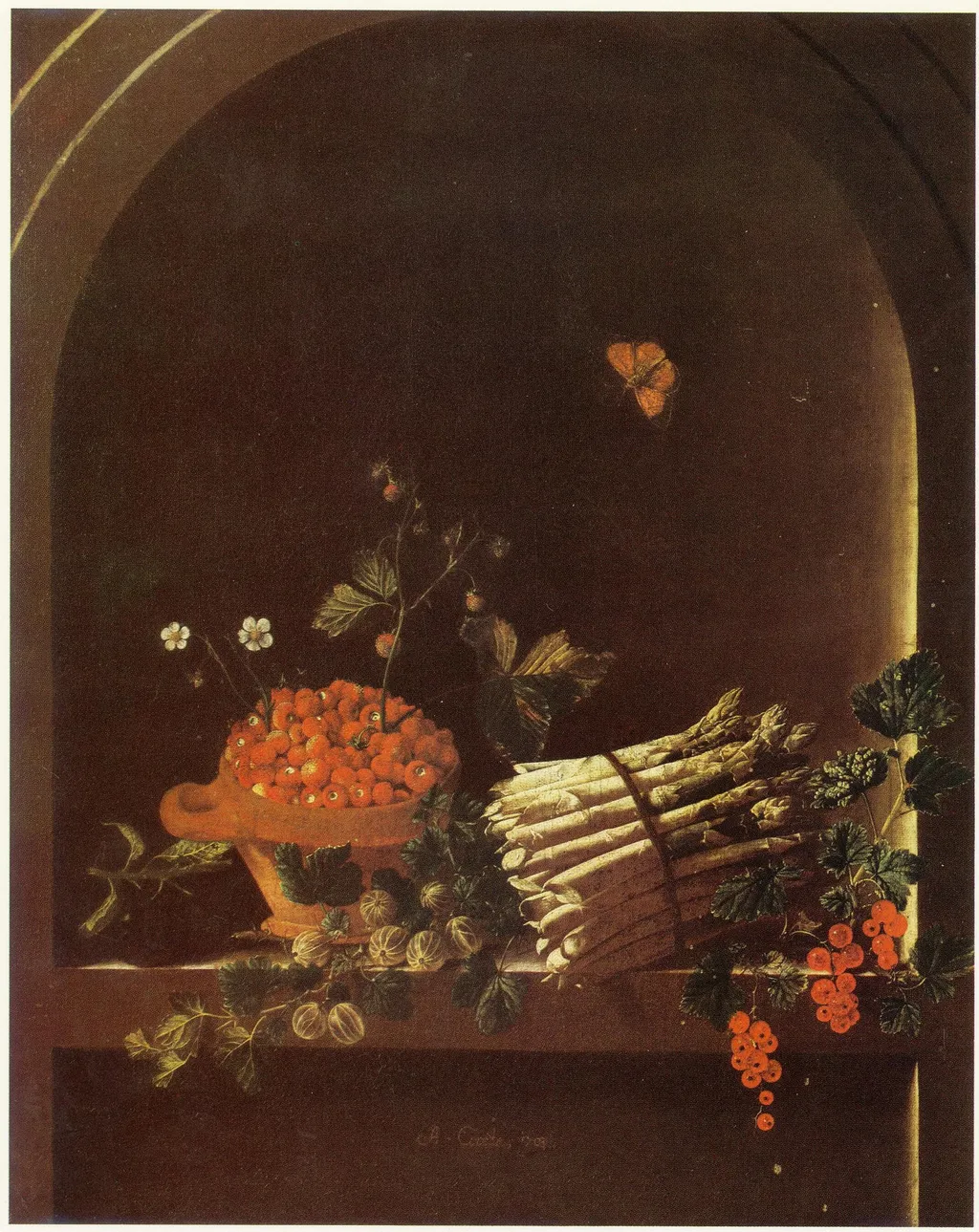 Still Life with Fruit and Asparagus, by Adriaen Coorte, oil, 1703