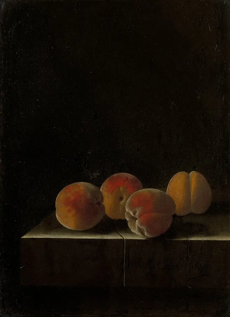 Vier abrikozen op een stenen plint, by Adriaen Coorte