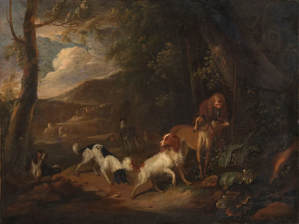 Hunter with hounds at the edge of a wood, by Adriaen Cornelisz Beeldemaker, oil, 1690