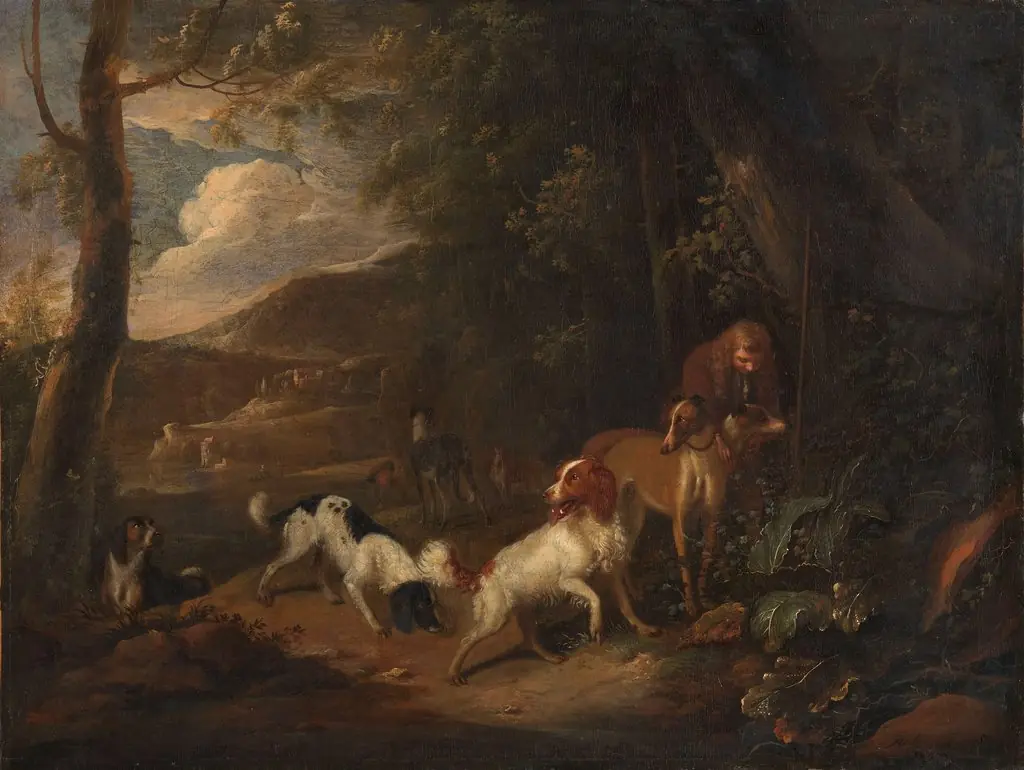Hunter with hounds at the edge of a wood, by Adriaen Cornelisz Beeldemaker