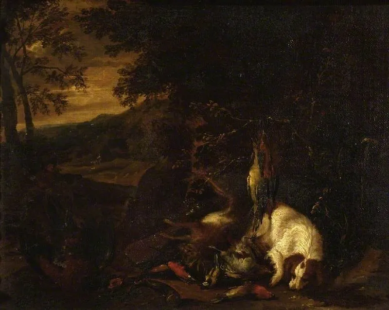 Spaniel and dead game in a landscape, by Adriaen de Grijef, oil, 1702