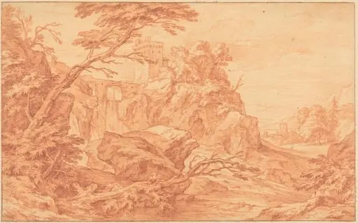 A Rocky Landscape with a Stone Tower and a Waterfall, by Adriaen Frans Boudewyns