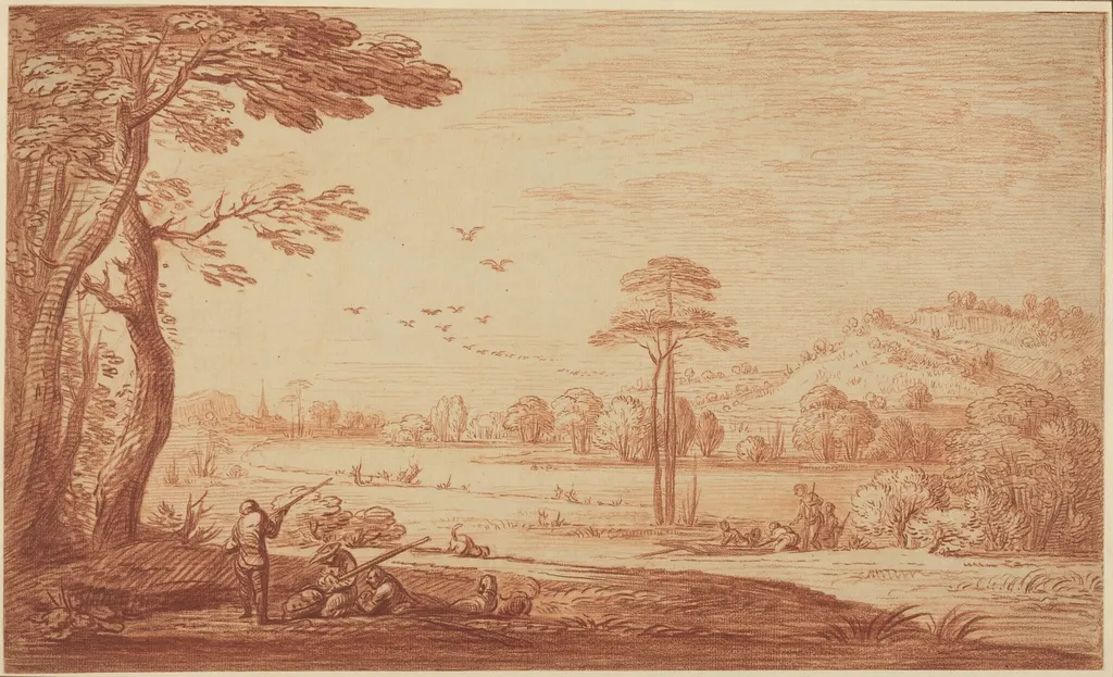 Hunters Resting by a River, by Adriaen Frans Boudewyns, chalk, 1678
