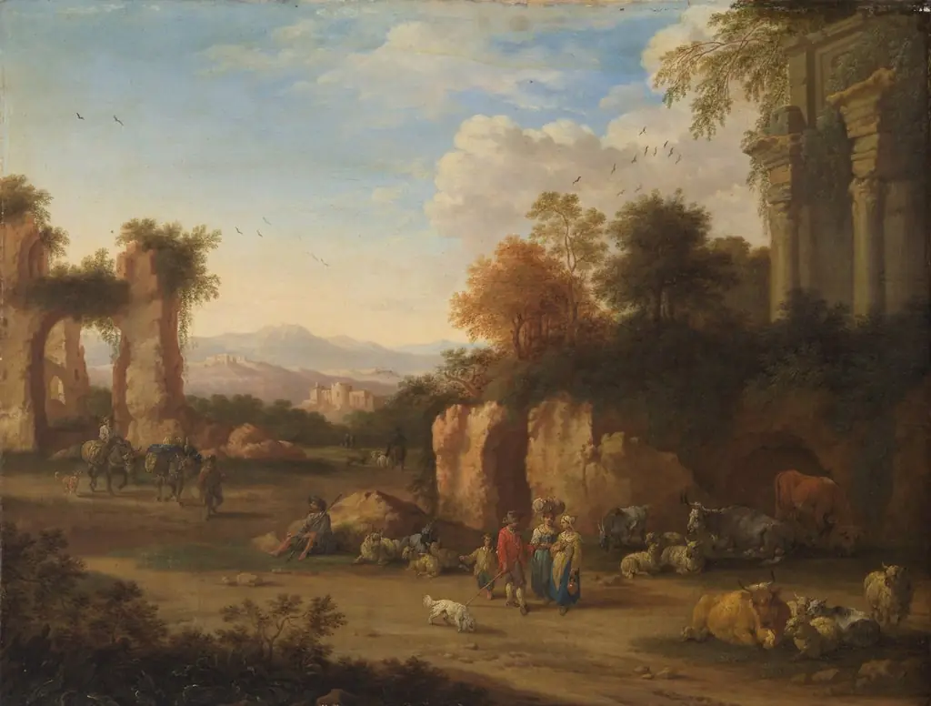 Italian landscape with ancient ruins and peasants, by Adriaen Frans Boudewyns