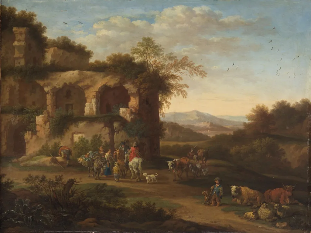 Italian landscape with antique ruins and herders, by Adriaen Frans Boudewyns, oil, 1650