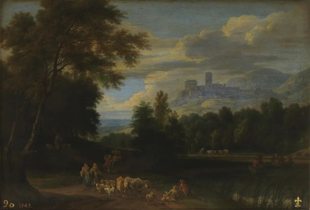 Landscape with Shepherds, by Adriaen Frans Boudewyns, oil, 1651