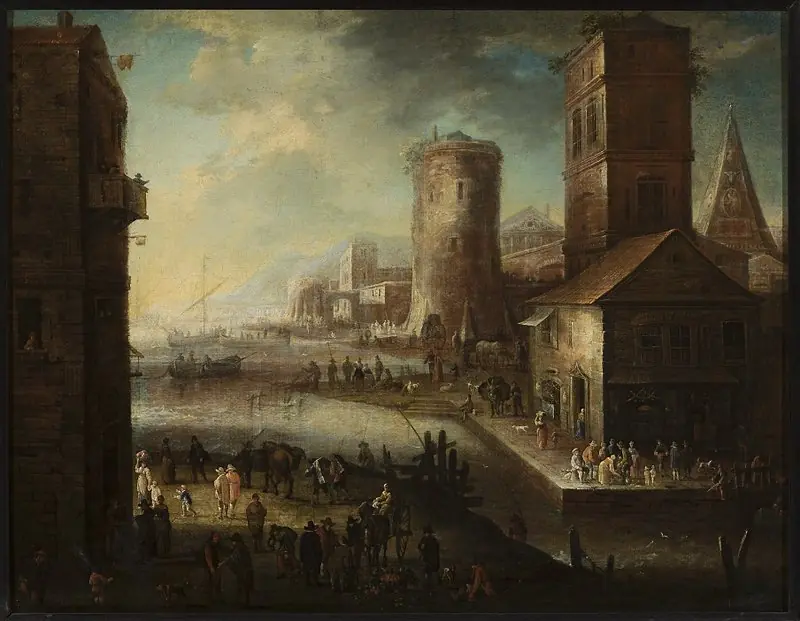 View of a port town, by Adriaen Frans Boudewyns