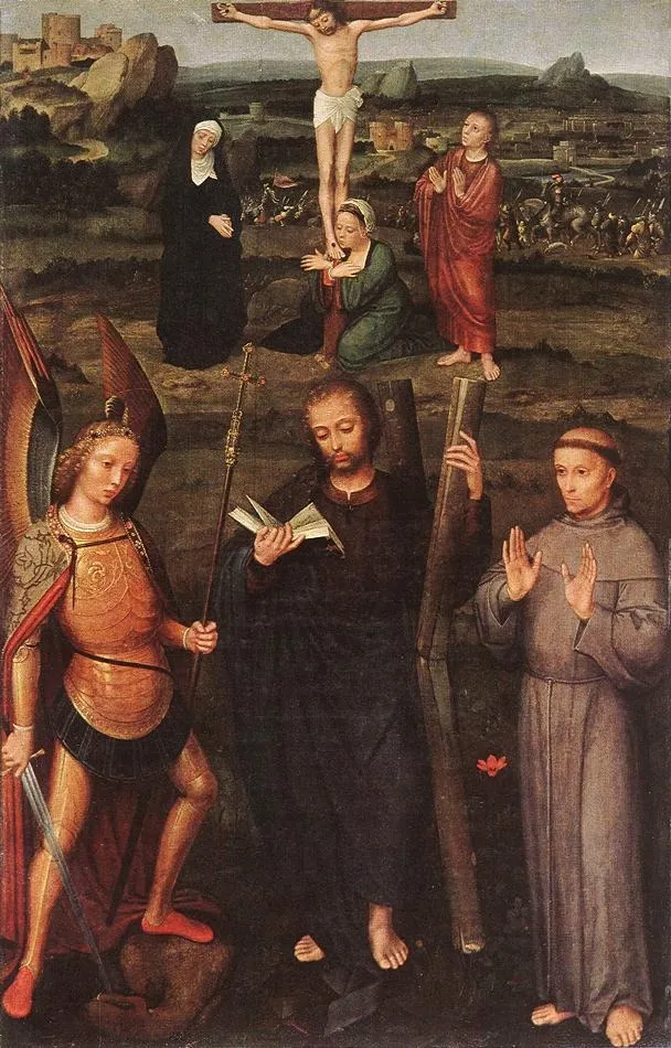 Archangel St Michael, St Andrew and St Francis of Assisi with the Calvary, by Adriaen Isenbrandt, oil, 1510