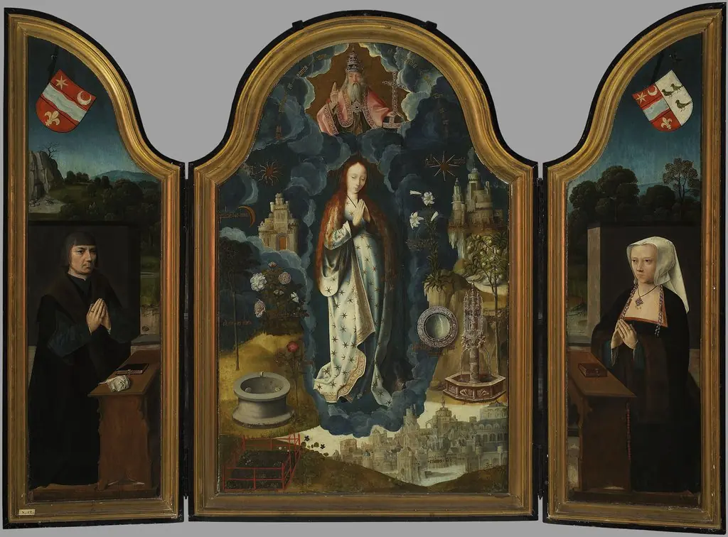 Triptych of Immaculate Conception, central section: Allegory of Immaculate Conception of Virgin Mary; left wing: Portrait of the founder, Mathias Laurin, Lord de Watervliet; right wing: Portrait of th, by Adriaen Isenbrandt