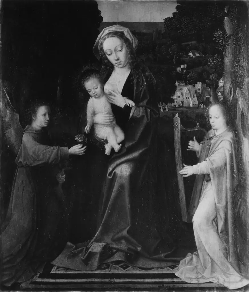 Virgin and Child with Two Angels in a Landscape, by Adriaen Isenbrandt