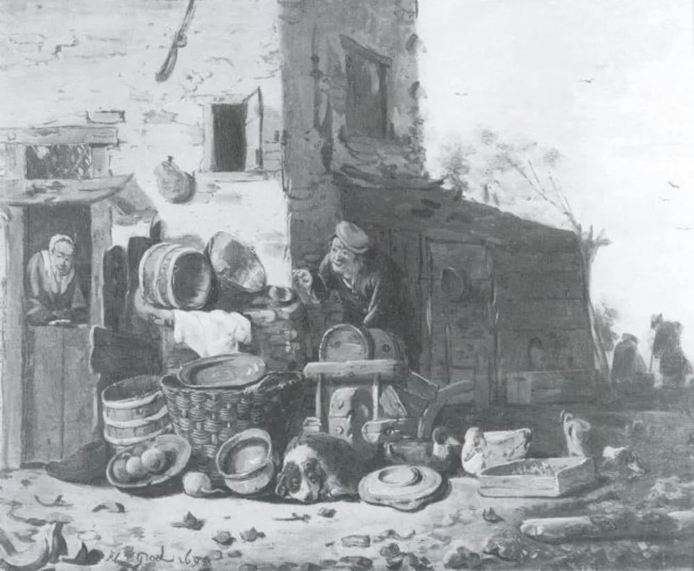 Outside a Decayed Cottage, by Adriaen Lievensz. van der Poel, oil