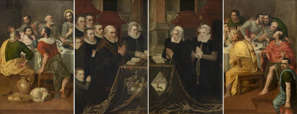 Calvary and the Family of Gillis de Smidt en Maria de Deckere, by Adriaen Thomasz. Key, oil, 1575