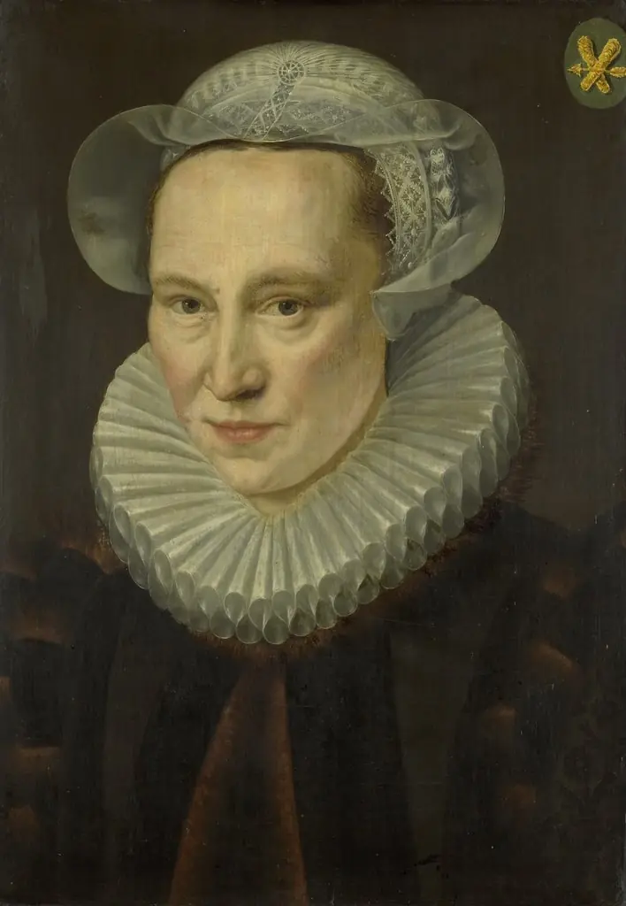 Portrait of Grietje Pietersdr Codde (d. 1607), wife of Jacob Bas, by Adriaen Thomasz. Key