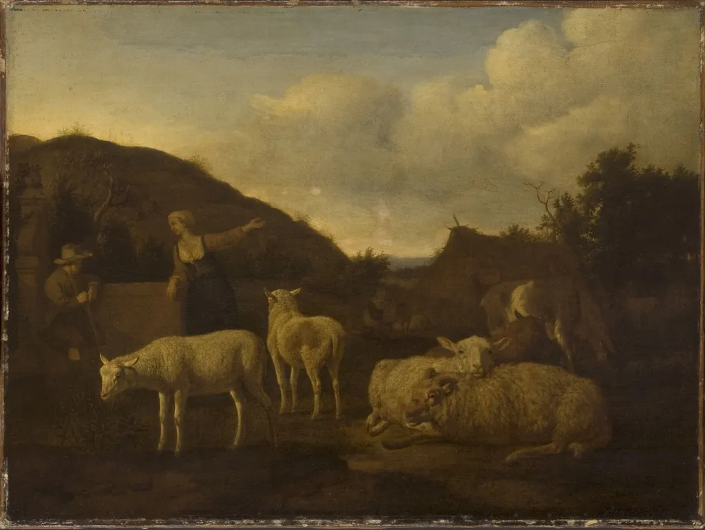 A Shepherd and a Shepherdess with a Flock of Sheep, by Adriaen van de Velde, oil, 1650