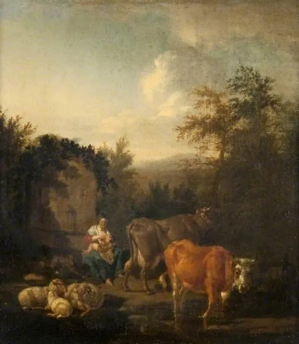 A Woman and a Child, Cattle and Sheep by a Fountain, by Adriaen van de Velde