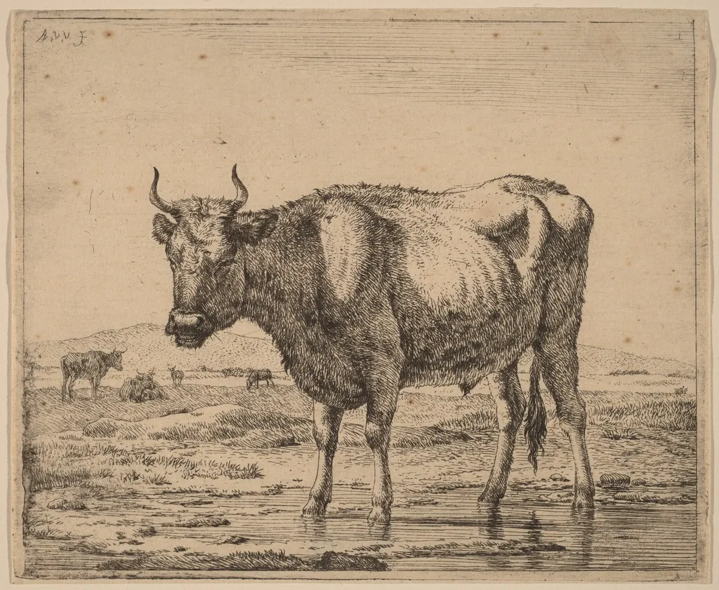 Bull Standing in Water, by Adriaen van de Velde, ink, 1658