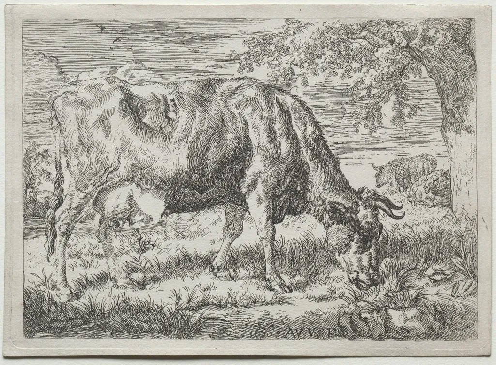 Cow and Two Sheep at the Foot of a Tree, by Adriaen van de Velde, 1670