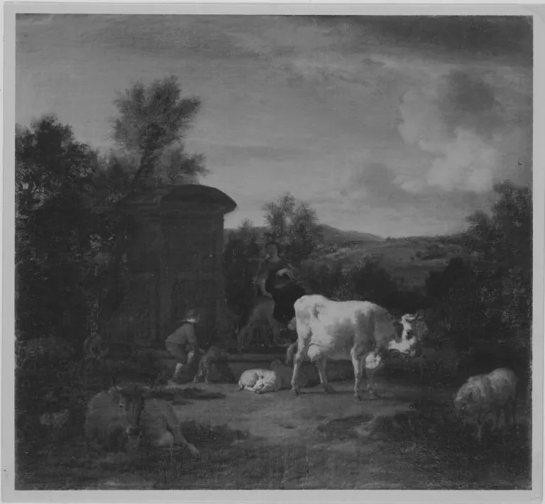 Herde und Hirten am Brunnen, by Adriaen van de Velde, unspecified, 1670