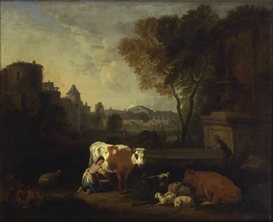 Italian Landscape with a Girl milking a Cow, by Adriaen van de Velde