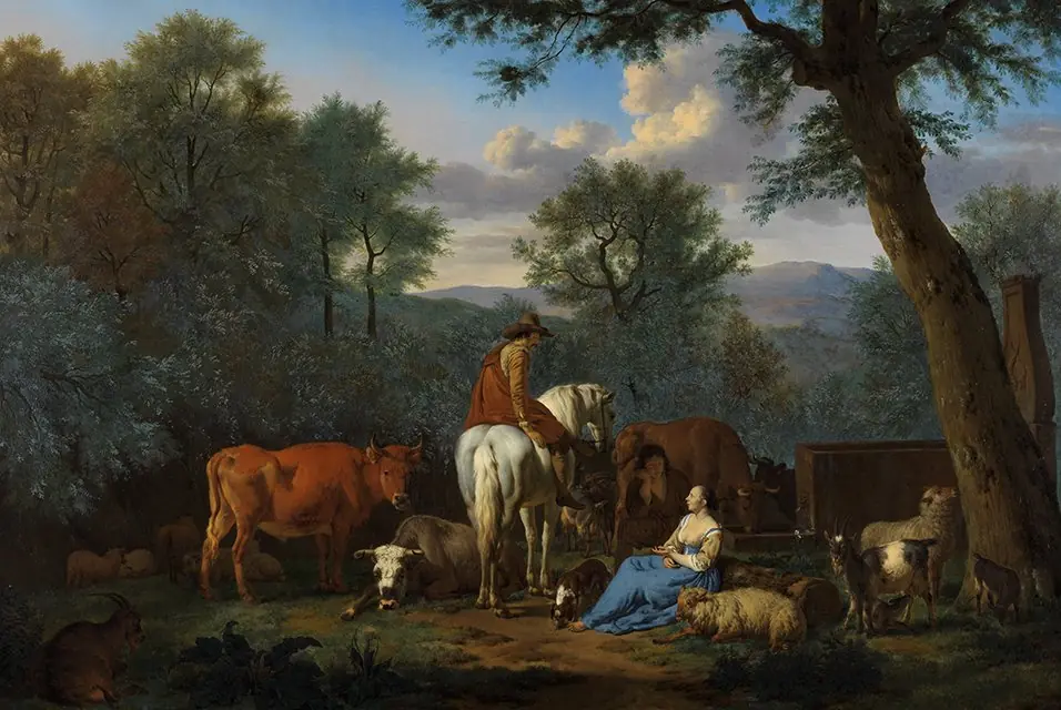 Landscape with cattle and figures, by Adriaen van de Velde