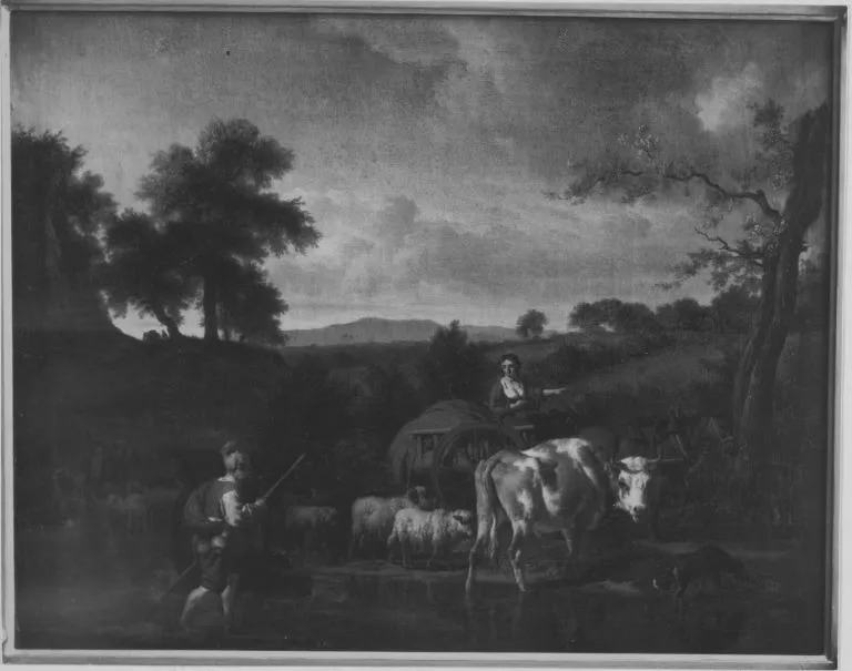 Landscape with shepherds and cattle at a ford, by Adriaen van de Velde, oil, 1671