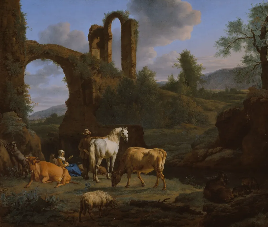 Pastoral Landscape with Ruins, by Adriaen van de Velde, oil, 1664