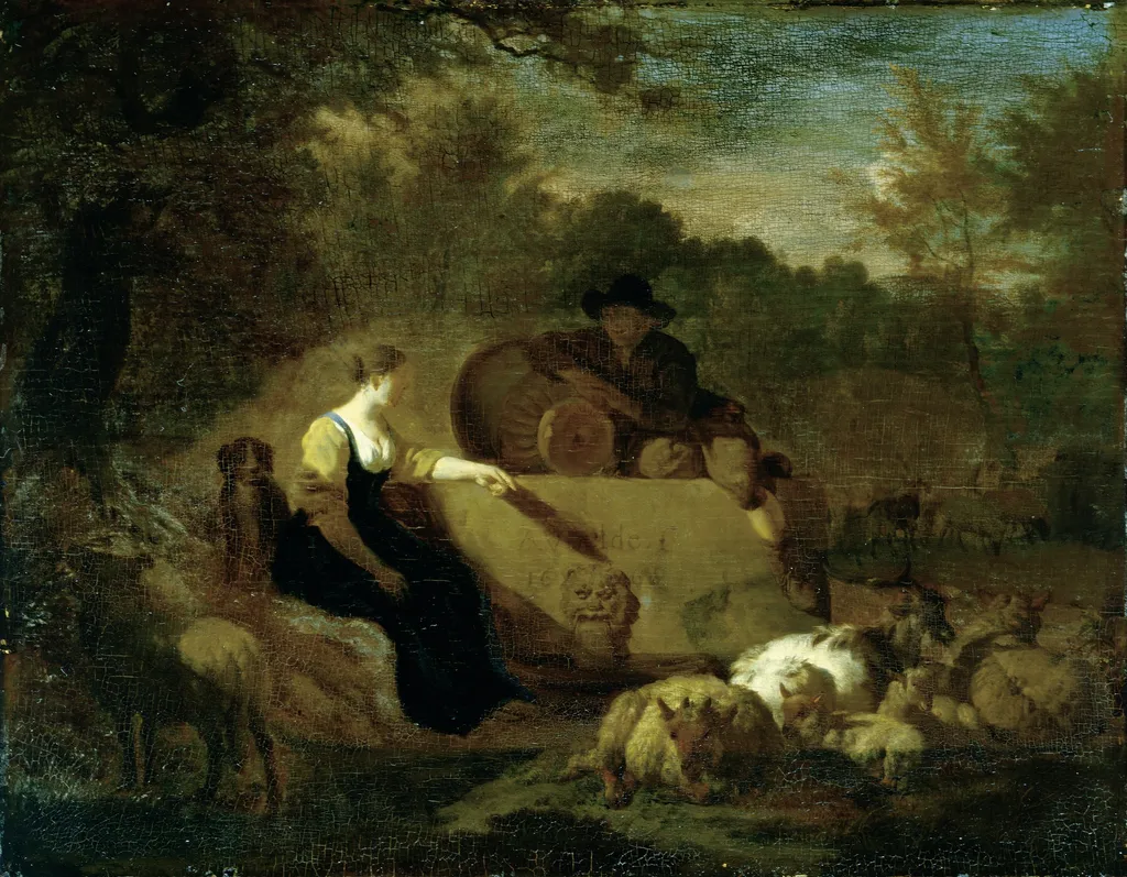 Shepherd's couple with their herd in a wooded landscape, by Adriaen van de Velde, oil, 1668