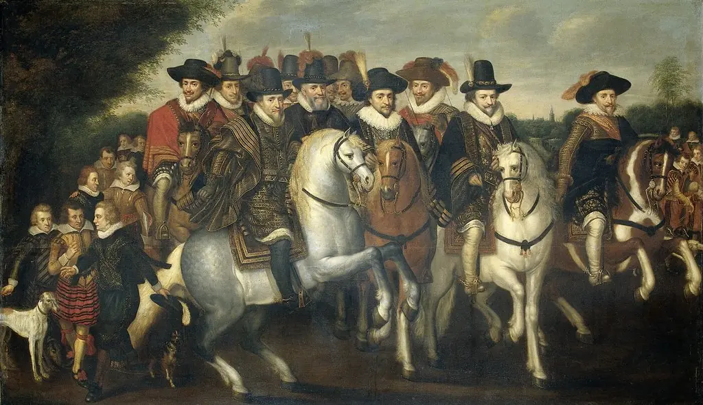 Prince Maurits accompanied by his two brothers, Frederick V, Elector of the Palatinate, and some counts of Nassau on horseback, by Adriaen van de Venne