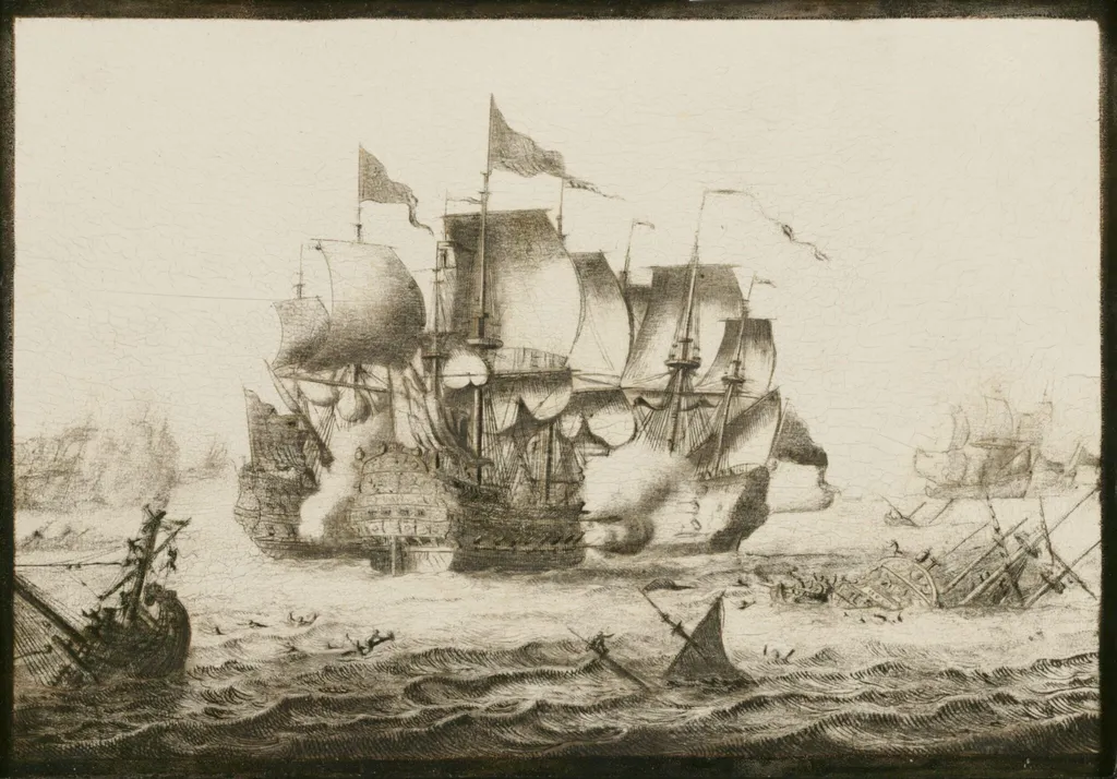 Naval Engagement, by Adriaen van der Salm, oil, 1692