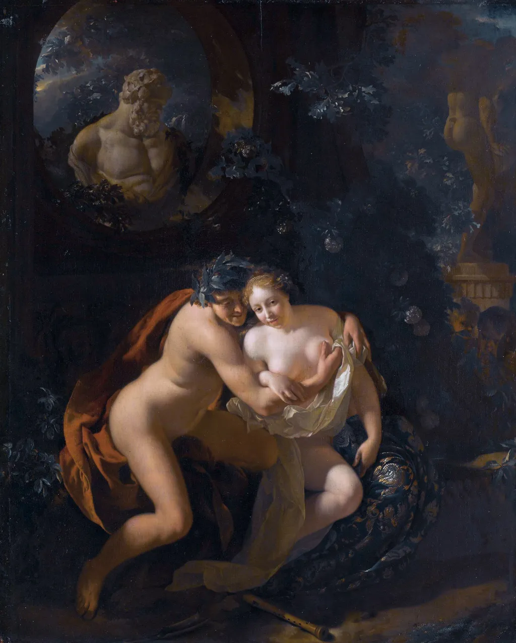 A Couple Making Love in a Park Spied on by Children, by Adriaen van der Werff, oil, 1698