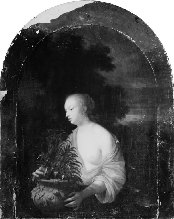 A Young Girl with a Vase of Flowers, by Adriaen van der Werff, oil, 1700