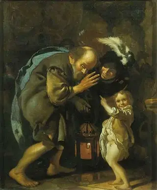 Diogenes searches for an honest person with his lantarn, by Adriaen van der Werff, 1690