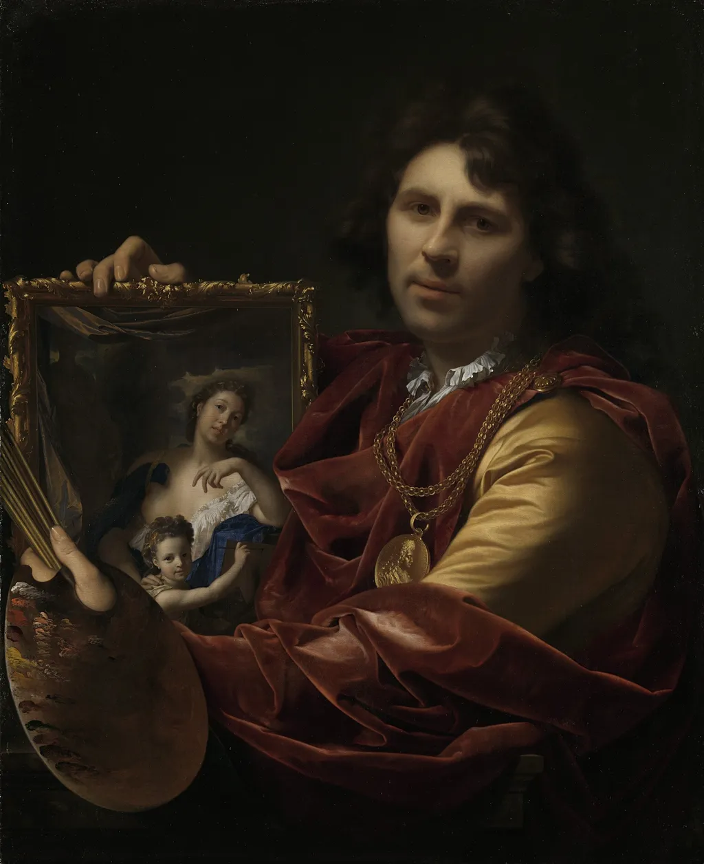 Self-portrait with the Portrait of his Wife, Margaretha van Rees, and their Daughter Maria, by Adriaen van der Werff, oil, 1700