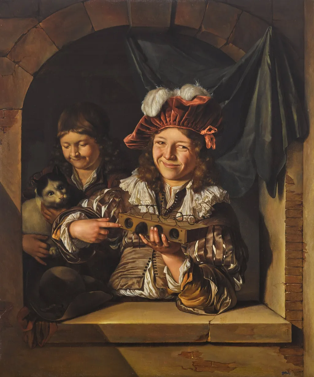 Two boys with a mouse trap and a cat at a window, by Adriaen van der Werff, oil, 1688