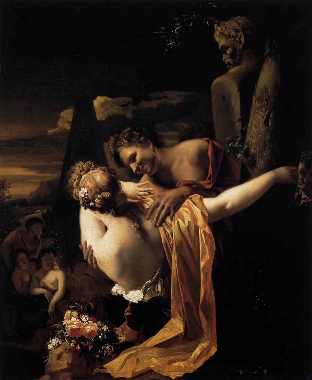 Young shepherd embracing a shepherdess, by Adriaen van der Werff, oil, 1696