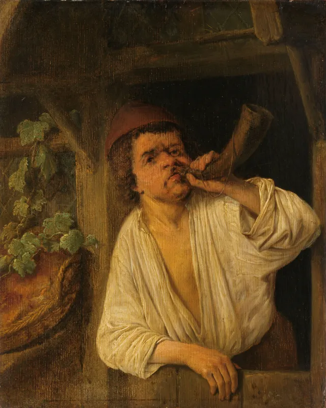 A baker blowing his horn