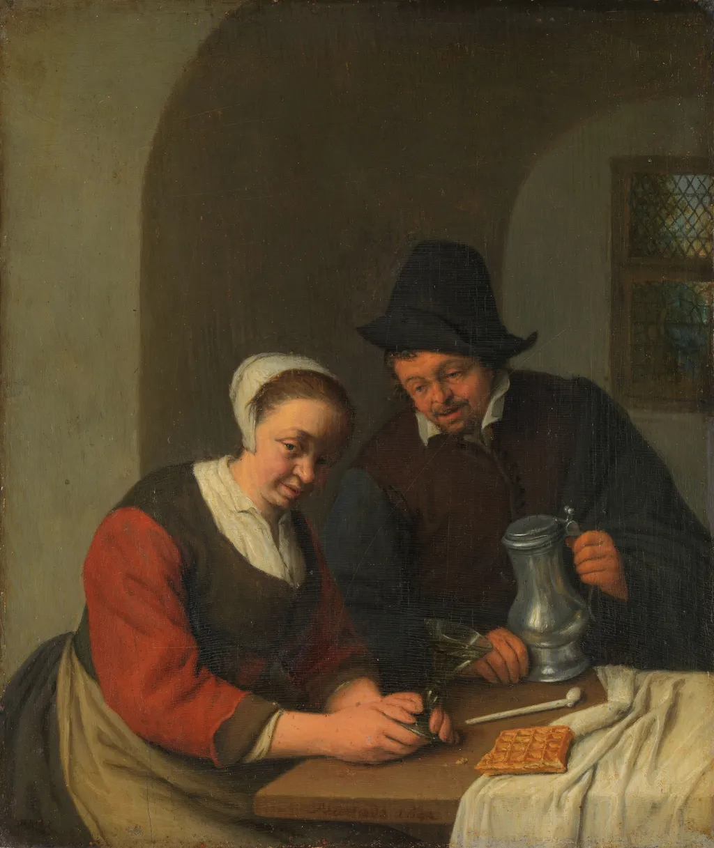 A confidential chat, by Adriaen van Ostade, oil, 1672