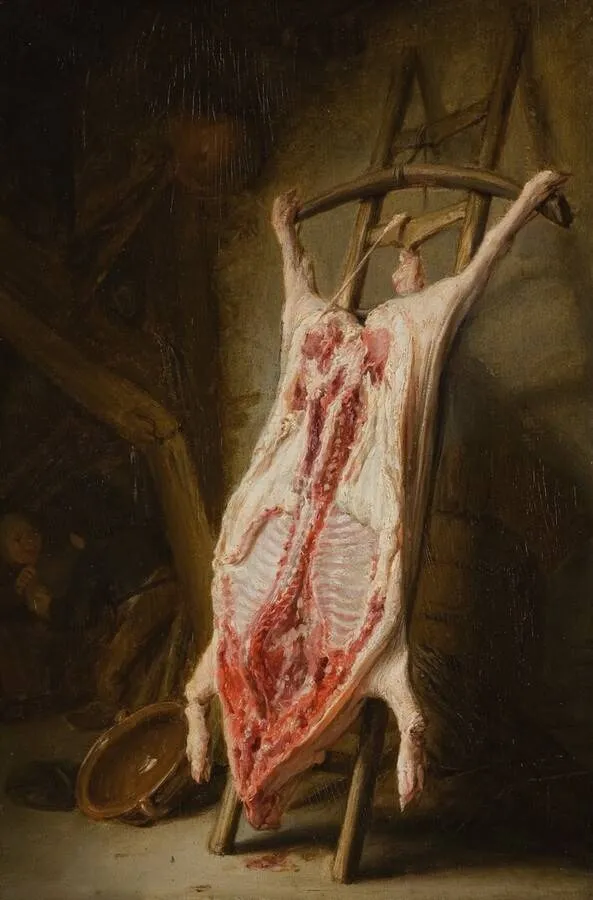 A Pig's Carcass, by Adriaen van Ostade, oil, 1665