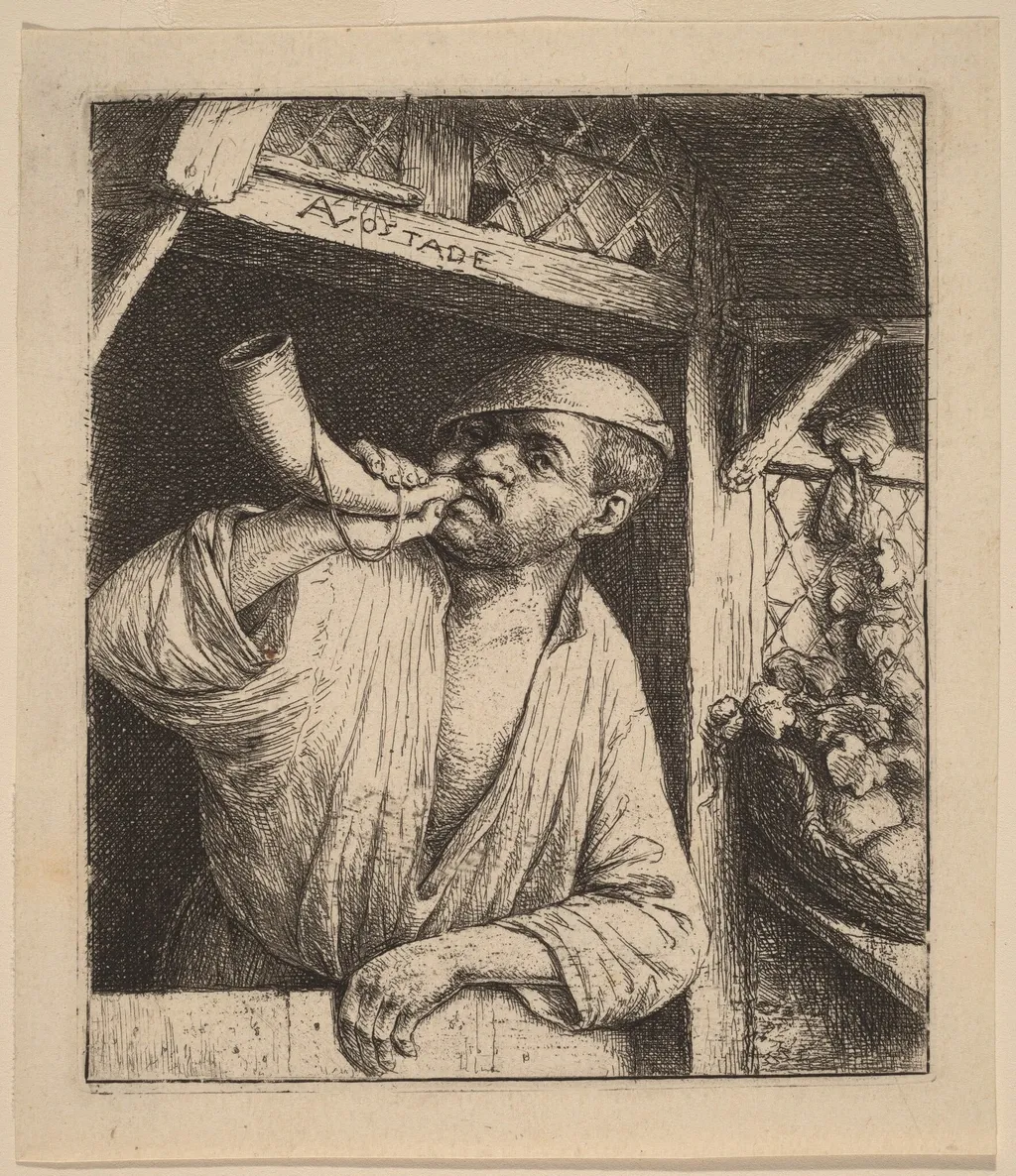 Baker Sounding His Horn, by Adriaen van Ostade, ink, 1648