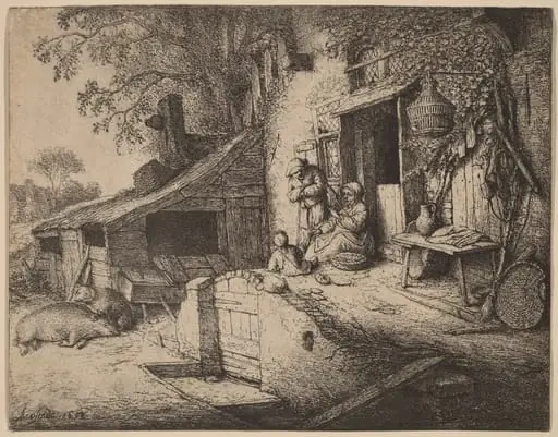 Farmstead wtih a Peasant Family Outside the Front Door, the Woman Spinning, by Adriaen van Ostade