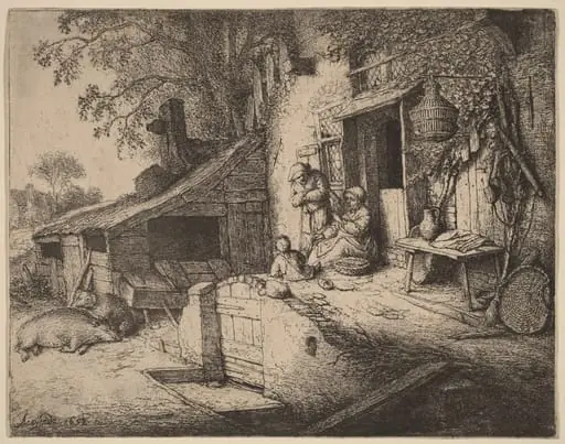 Farmstead wtih a Peasant Family Outside the Front Door, the Woman Spinning, by Adriaen van Ostade