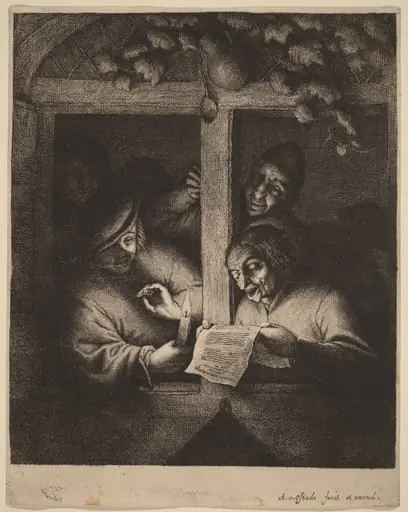 Four Men at a Window, One Reading from a Sheet by Candlelight, by Adriaen van Ostade
