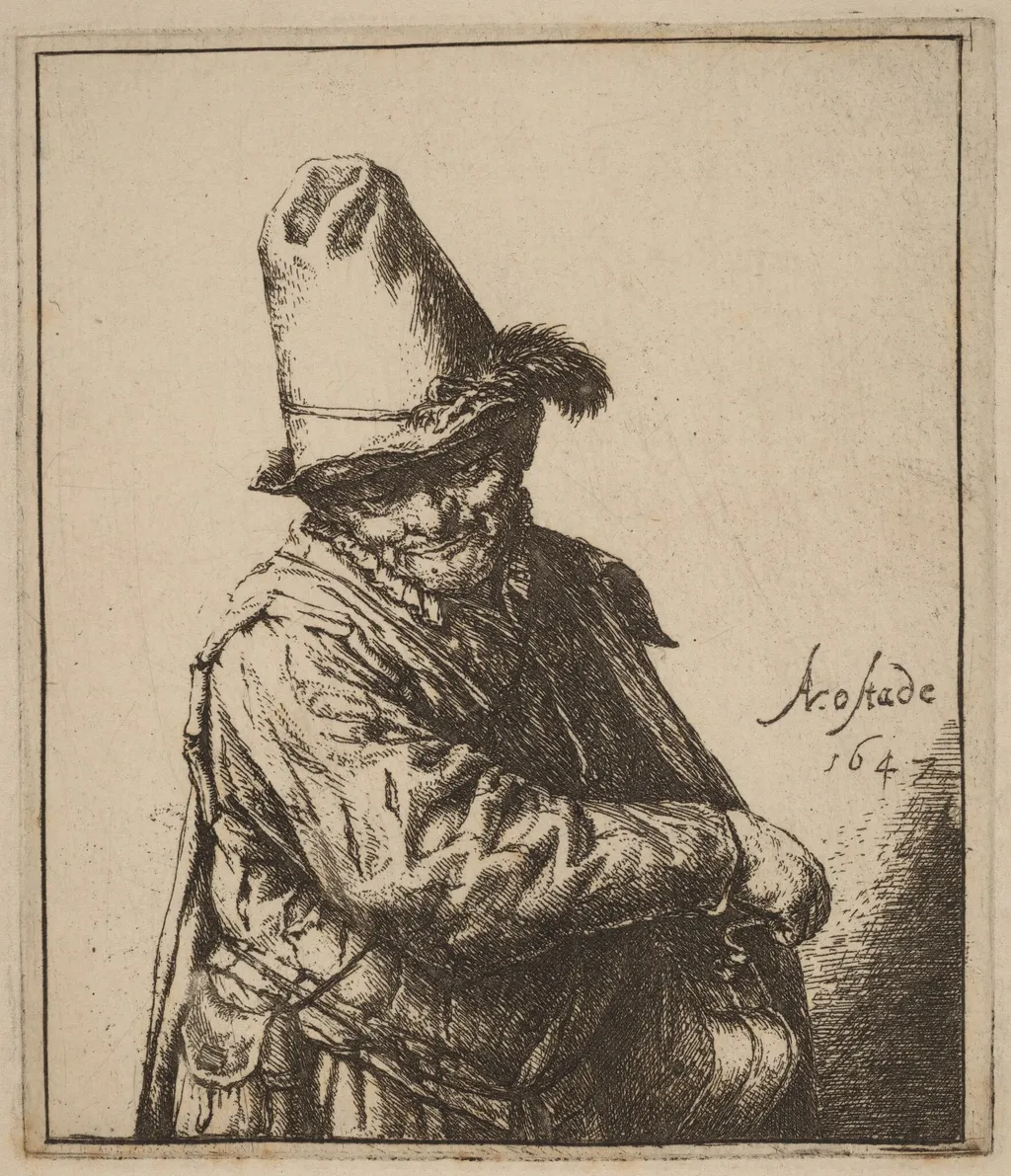 Hurdy-Gurdy Player in a Tall Hat, by Adriaen van Ostade, ink, 1647