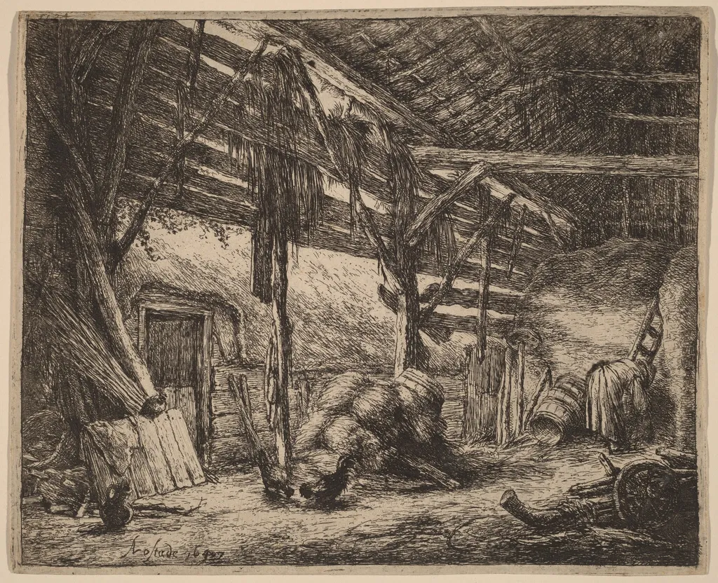 Interior of a Barn with a Peasant Woman at Work, by Adriaen van Ostade, ink, 1647