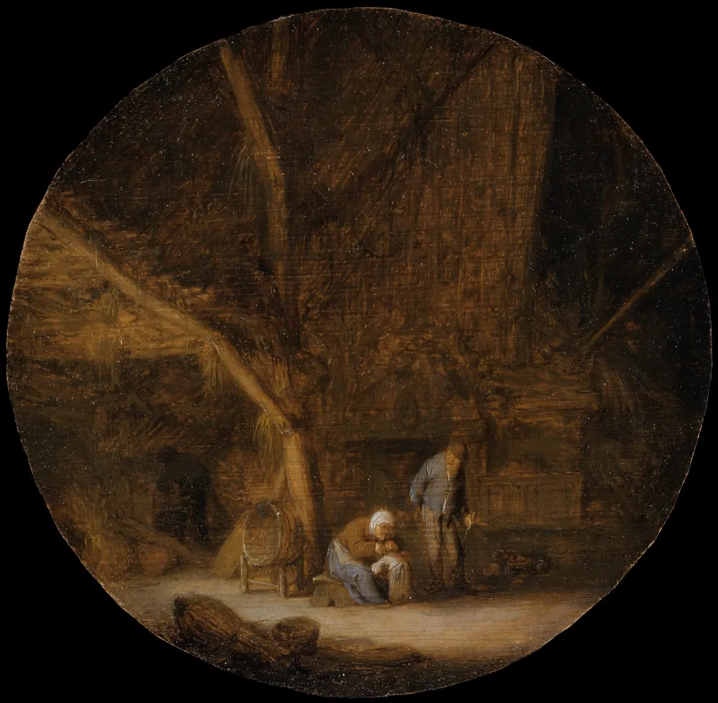 Interior with a Peasant Family, by Adriaen van Ostade, oil, 1637