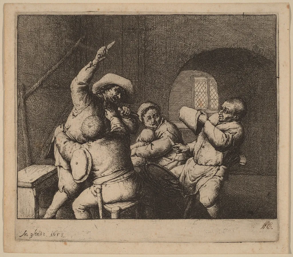 Knife Fight Among Peasants, by Adriaen van Ostade, ink, 1653