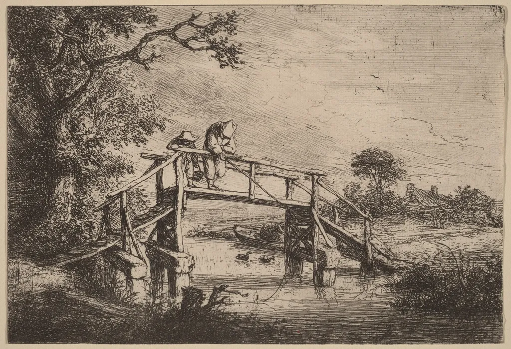 Landscape with a Bridge and Two Fishermen, by Adriaen van Ostade, ink, 1652