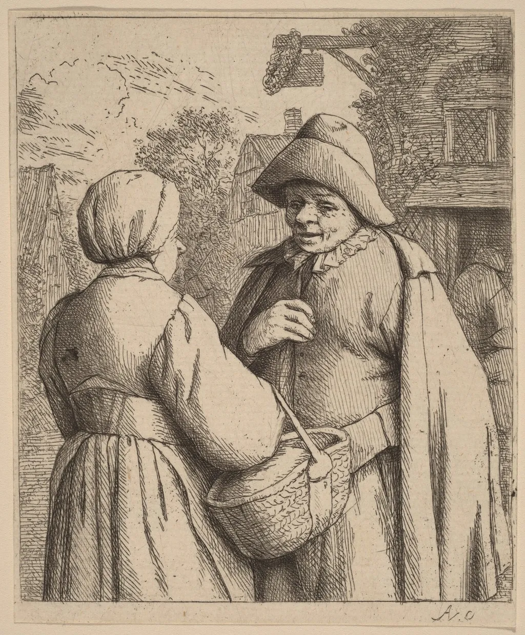 Man and Woman Conversing In Front of an Inn, by Adriaen van Ostade, ink, 1671