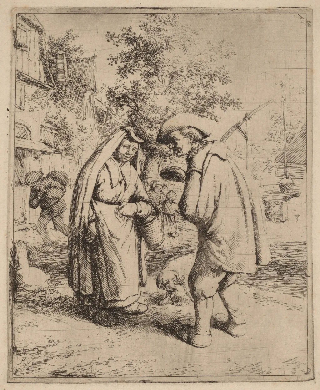 Man and Woman Conversing on a Busy Village Street, by Adriaen van Ostade, ink, 1648